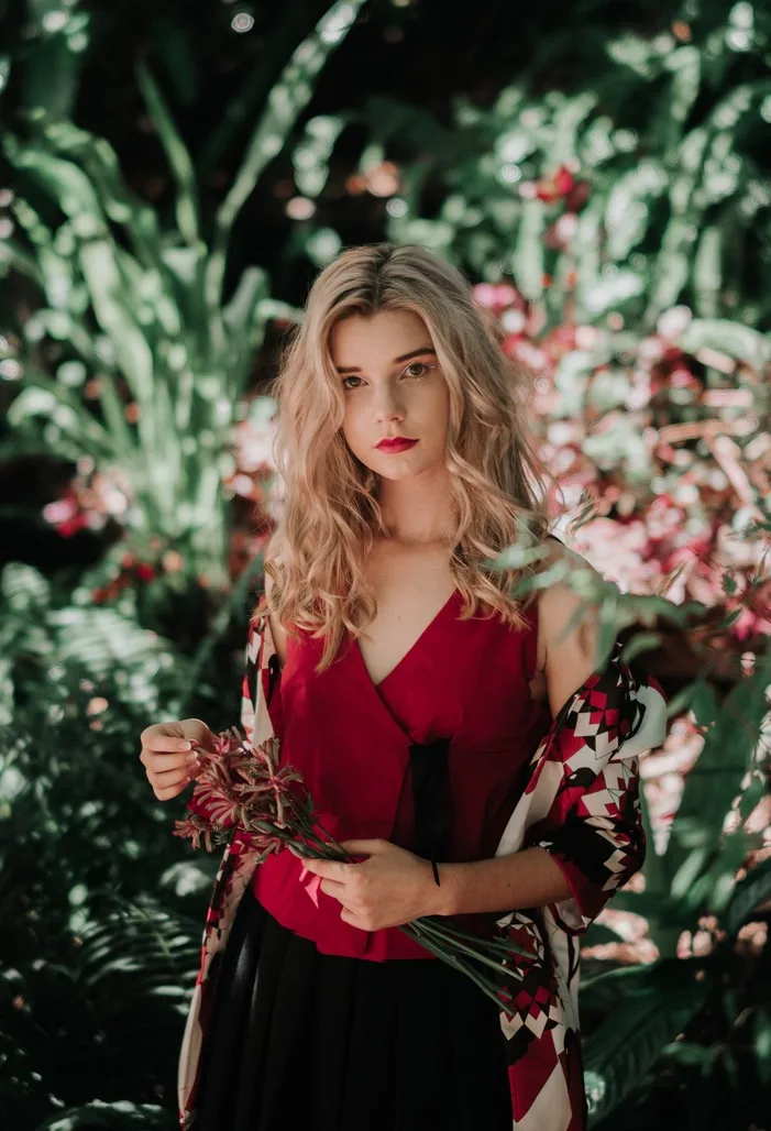 Woman wearing a floral red dress